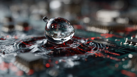 A stunning close-up macro shot captures a droplet of water on a circuit board, creating a mesmerizing interplay of liquid and technology.の素材