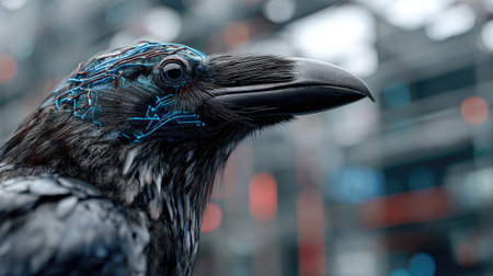 This stunning image showcases a raven with intricate circuitry elements integrated into its feathers, set against a vibrant cyberpunk backdrop, blending nature and technology.の素材