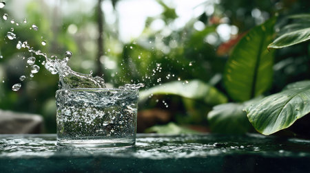 A stunning close-up image showing water splashing out of a clear glass, set against a backdrop of vibrant tropical plants, evoking a refreshing atmosphere.の素材