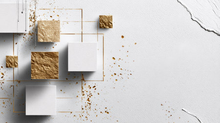 This image showcases a modern minimalist design with white cubes and gold accents on a textured background, providing an elegant and artistic atmosphere.の素材