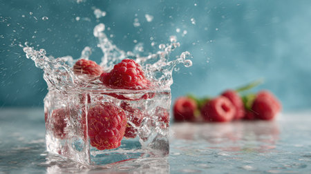 A captivating scene featuring fresh raspberries splashing into a clear ice cube, creating a dynamic display of water droplets against a soft blue background.の素材