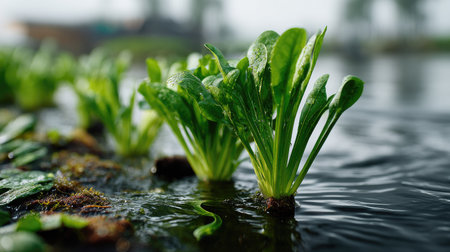 A vibrant close-up view of fresh green lettuce growing in water, showcasing raindrops on the leaves. Captures the essence of organic farming.の素材