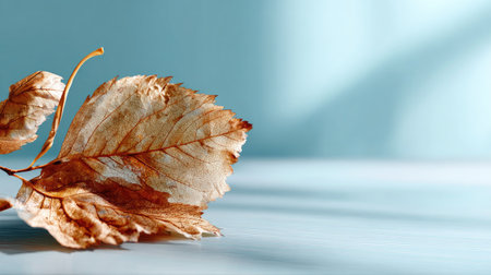 A dry brown leaf exhibits intricate veins and textures while gracefully resting on a soft blue surface, accentuated by natural light and gentle shadows.の素材