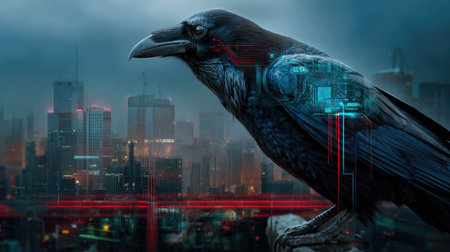 A striking raven perches on a ledge, gazing over a cyberpunk city filled with vibrant neon lights, digital patterns, and a moody atmosphere.の素材