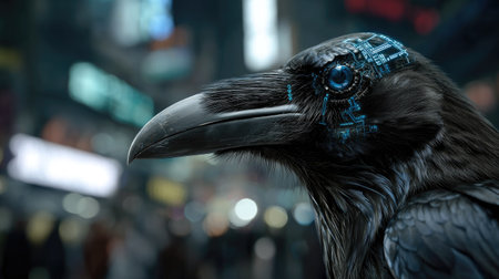 A stunning depiction of a cybernetic crow with glowing blue eyes, set against a vibrant urban nightlife background, showcasing the blend of nature and technology.の素材