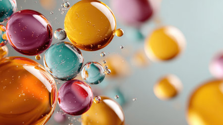 Vibrant water droplets in various colors float gracefully against a soft backdrop, creating a visually striking image that symbolizes creativity and freshness.の素材