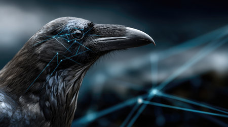 A stunning close-up portrait of a raven featuring digital elements and abstract lines, creating a captivating fusion of nature and technology.の素材