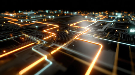 This striking image presents an abstract depiction of a digital circuit board with glowing lines, creating a sense of futuristic technology and innovative design.の素材