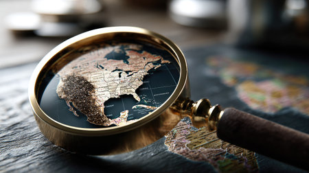 This captivating image features a magnifying glass positioned over a detailed world map, emphasizing North America. It symbolizes exploration and discovery, making it ideal for educational and travel-related content.の素材