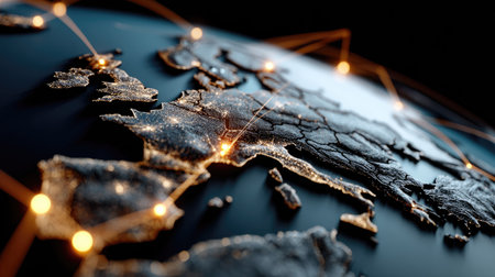 A captivating close-up view of a detailed map of Europe, featuring glowing connection lines on a dark background, symbolizing global networks.の素材