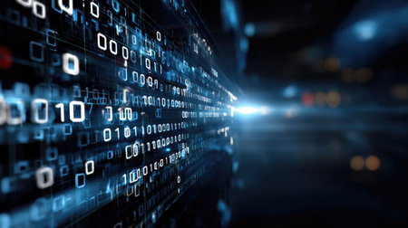 An abstract digital data stream featuring flowing binary code against a futuristic background, emphasizing technology and innovation in a modern setting.の素材