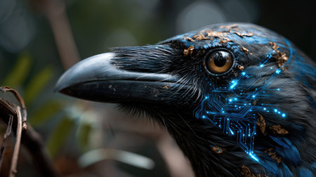 A striking close-up portrait of a bird featuring intricate circuit patterns merging with natural feathers, showcasing the fusion of nature and technology.の素材