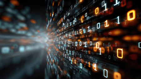 A stunning abstract representation of flowing binary code symbolizing data transmission in a digital world. Ideal for tech-related projects.の素材
