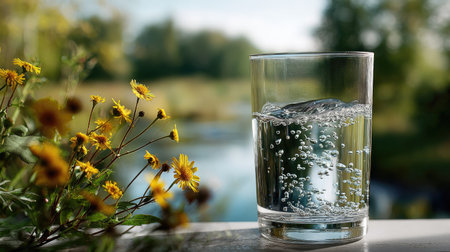 A clear glass filled with sparkling water, bubbles rising gracefully. This serene scene captures nature's beauty with vibrant flowers and a peaceful pond.の素材
