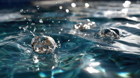 A stunning close-up of water droplets splashing on a clear pool surface, creating mesmerizing light reflections and bubbles. Perfect for summer themes.の素材