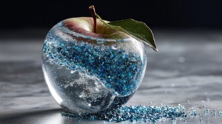 A stunning creative representation of an apple encased in crystal clear resin and blue glitter, highlighting its radiant charm against a dark backdrop.の素材