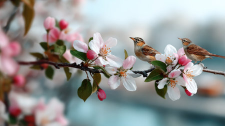 This serene image captures two small birds perched on a flowering branch adorned with delicate pink blossoms, set against a soft-focused background.の素材