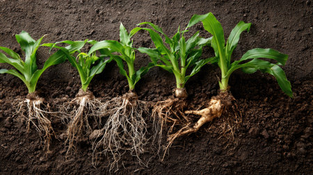 A detailed view of corn plant roots exposed in soil layers shows healthy green foliage and intricate root systems, highlighting agricultural growth and sustainability.の素材
