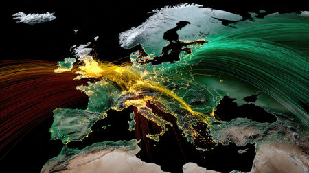 This detailed 3D map of Europe showcases flight paths and global connectivity, illustrating travel networks through vibrant colors and dynamic design.の素材