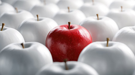 A striking image features a single red apple surrounded by a group of white apples, emphasizing individuality and uniqueness in a minimalist design.の素材