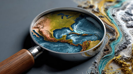 This artistic image features a magnifying glass over a detailed representation of North America and the Caribbean, surrounded by vibrant textures.の素材