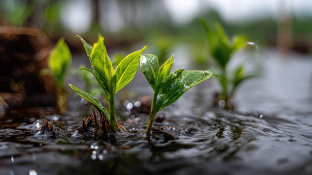 Lush green seedlings emerge from the water, showcasing vibrant leaves with droplets, illustrating natureの素材