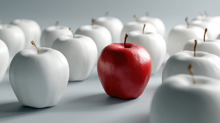 This captivating image features a striking red apple among an array of white apples, symbolizing individuality and uniqueness in a minimalist composition. The contrast emphasizes the idea of standing out in a crowd, making it an ideal visual for concepts around choices, creativity, and healthy living.の素材