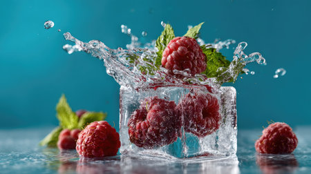 This vibrant image captures fresh raspberries splashing into an ice cube surrounded by mint leaves, evoking a sense of freshness and summer delight.の素材