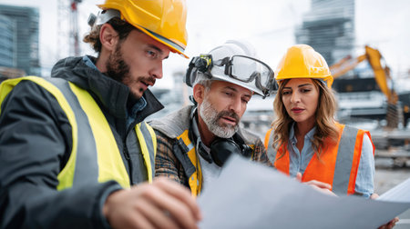 A team of construction workers, dressed in safety gear, collaborates on blueprints on a busy construction site, showcasing teamwork and professionalism.の素材