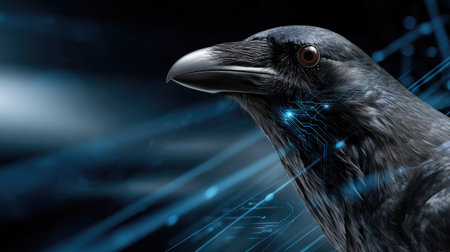 This captivating image features a raven with intricate details set against a technological backdrop, symbolizing the intersection of nature and innovation, evoking intrigue and creativity.の素材