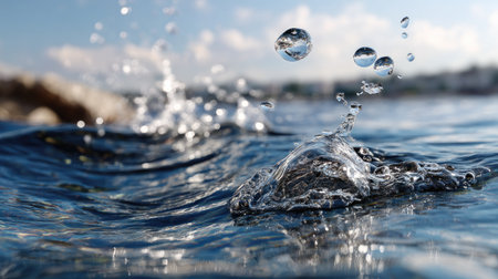 A captivating close-up view of water droplets splashing and creating ripples on a clear surface under soft sunlight, showcasing nature's beauty.の素材