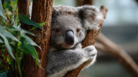 A charming koala rests comfortably on a tree branch, showcasing its fluffy fur and captivating eyes. This peaceful image captures the essence of wildlife conservation in Australia.の素材