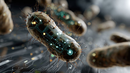 A captivating digital artwork showcasing microorganisms with circuit designs, blending biological and technological elements to illustrate innovation in science.の素材