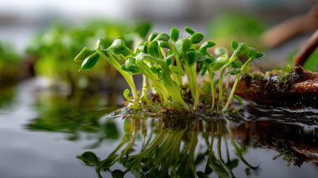 Lush green seedlings emerge from calm water, creating a serene scene. The gentle reflections and vibrant leaves symbolize growth and renewal in nature.の素材