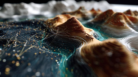 This artistic 3D rendering presents a unique landscape featuring mountains with detailed textures and color variations, inviting exploration and admiration.の素材