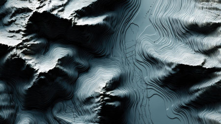This abstract illustration showcases intricate topographical lines representing elevation and terrain in a striking monochromatic color palette.の素材
