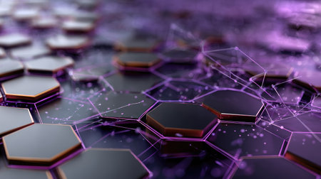 This image showcases an abstract hexagonal pattern interspersed with glowing connections, set against a purple backdrop, ideal for technology and design themes.の素材
