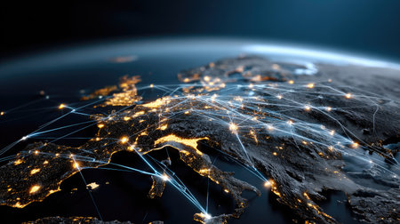 A stunning aerial view of Europe showcasing bright city lights at night interconnected by glowing data flows, symbolizing global communication and technology.の素材