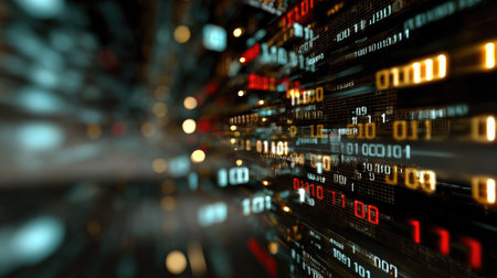This abstract image showcases a vibrant flow of digital data represented by binary code. The motion blur effect creates a sense of speed and energy, ideal for technology themes.の素材