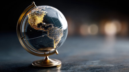 This elegant antique globe, featuring a detailed map of North and South America, rests on a dark surface. A soft bokeh background enhances its artistic appeal, making it a perfect decorative piece.の素材