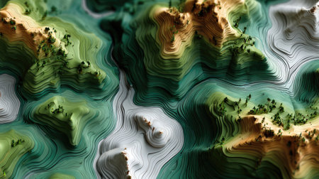 Stunning abstract topographic landscape featuring vibrant contours and varied colors, perfect for projects related to nature, geography, and design.の素材