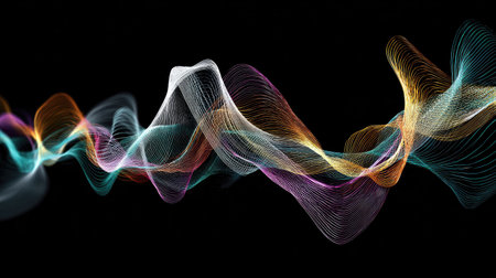 This stunning abstract image features colorful waves of light that flow gracefully against a dark backdrop, showcasing intricate patterns and vibrant gradients.の素材
