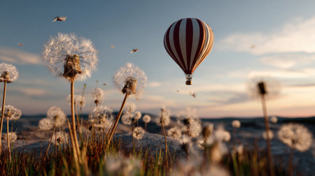 A dreamy scene of a vintage hot air balloon gracefully gliding over a vibrant dandelion field during sunset, capturing the essence of adventure and serenity.の素材