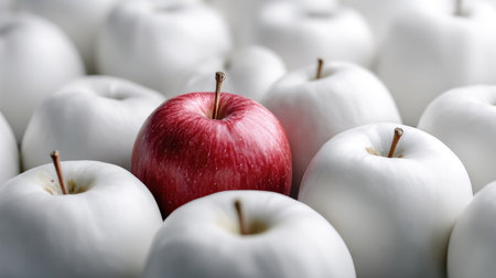 This captivating image features a bright red apple standing out amidst a backdrop of white apples, showcasing an intriguing contrast. Ideal for food-related themes.の素材