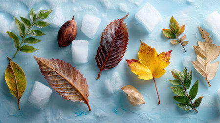This captivating image features an artistic arrangement of vibrant autumn leaves alongside ice cubes, showcasing the transition between seasons in a serene light blue setting.の素材