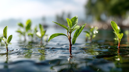 A serene scene showcasing fresh green plants emerging from calm waters, illuminated by soft sunlight. This image captures the beauty of nature and growth, ideal for promoting environmental wellness and tranquility.の素材