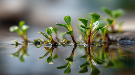 This close-up image showcases tiny green sprouts emerging from shallow water, reflecting beautifully on the surface, symbolizing growth and renewal in nature.の素材