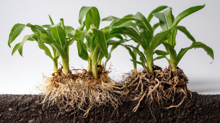 This image depicts the root development of corn seedlings, highlighting the vital relationship between plant growth and soil health for agricultural practices.の素材