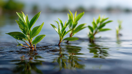 A captivating image showcasing fresh green leaves gently rising from a calm water surface, illuminated by soft natural light, creating a serene atmosphere.の素材