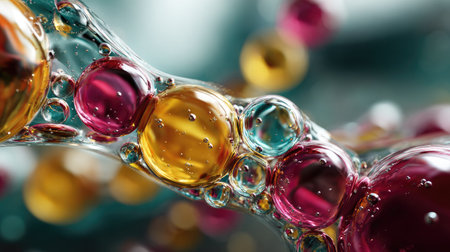 This striking image showcases a vibrant composition of colorful water droplets and bubbles, reflecting light and creating a mesmerizing abstract effect.の素材